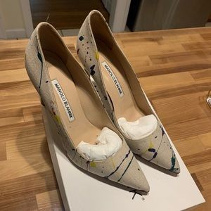 Manolo Blahnik BB 90 Linen Splatter Paint Heels